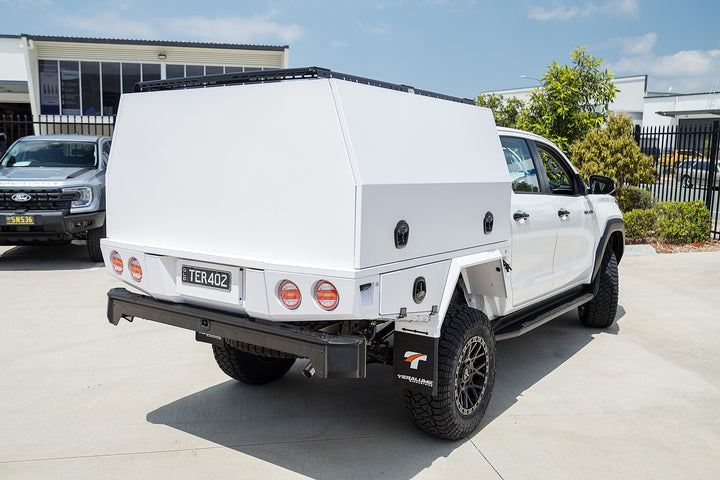Toyota Hilux N90 with a white XGO tray and canopy from the rear